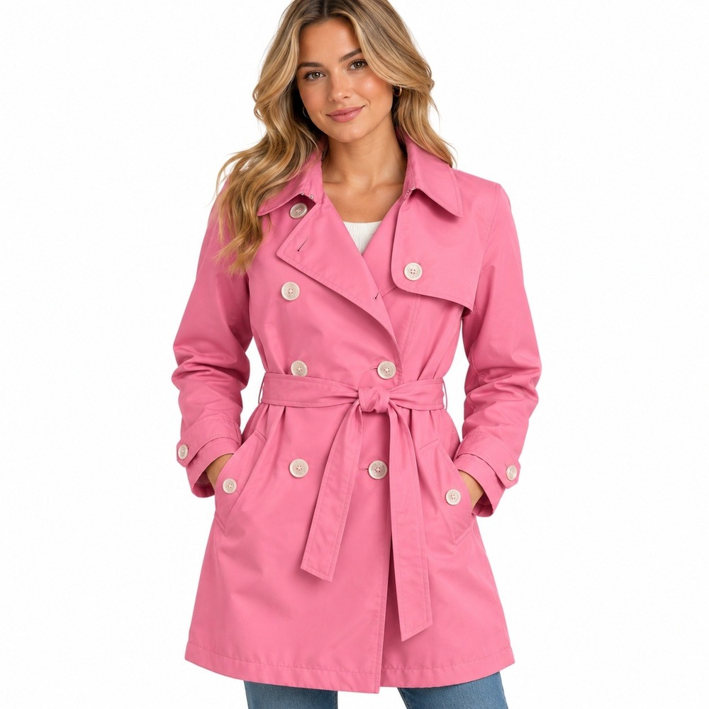 Lauren Ralph Lauren Pink Double Breasted Belted Trench Coat Polka Dot Lining Lg